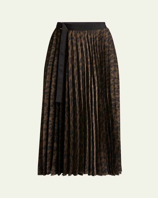 Pleated Leopard Print Belted Midi Skirt